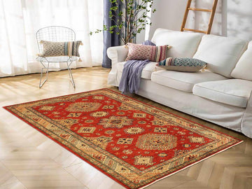 handmade Geometric Super Kazak Red Tan Hand Knotted RECTANGLE 100% WOOL area rug 4x6